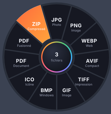 Capture de la roue de formats de Convertiroo avec JPG, PNG, WEBP, AVIF, TIFF, GIF, BMP, ICO, PDF et ZIP